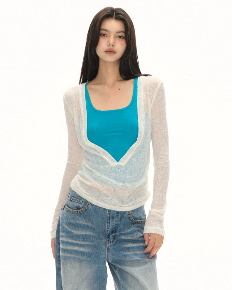 シアーVネックニットトップス J0189