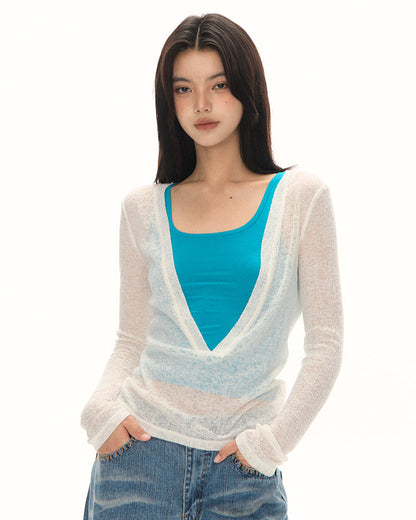 シアーVネックニットトップス J0189