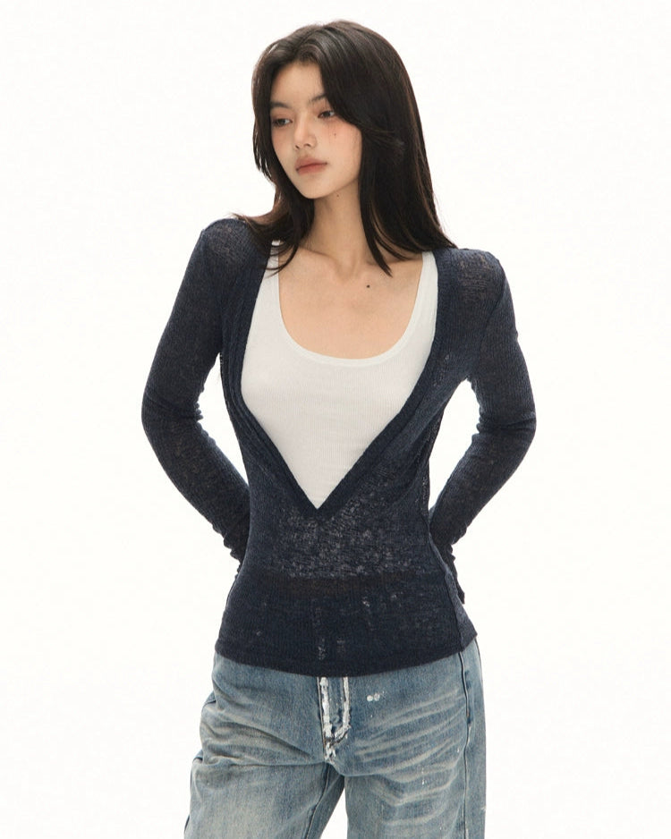 シアーVネックニットトップス J0189